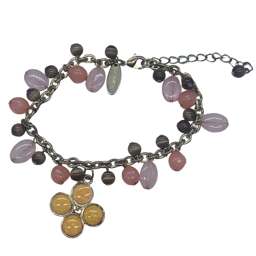 Brown Pink Charm Dangle Acrylic Bead Bracelet Gold Tone Chain 8-10” George